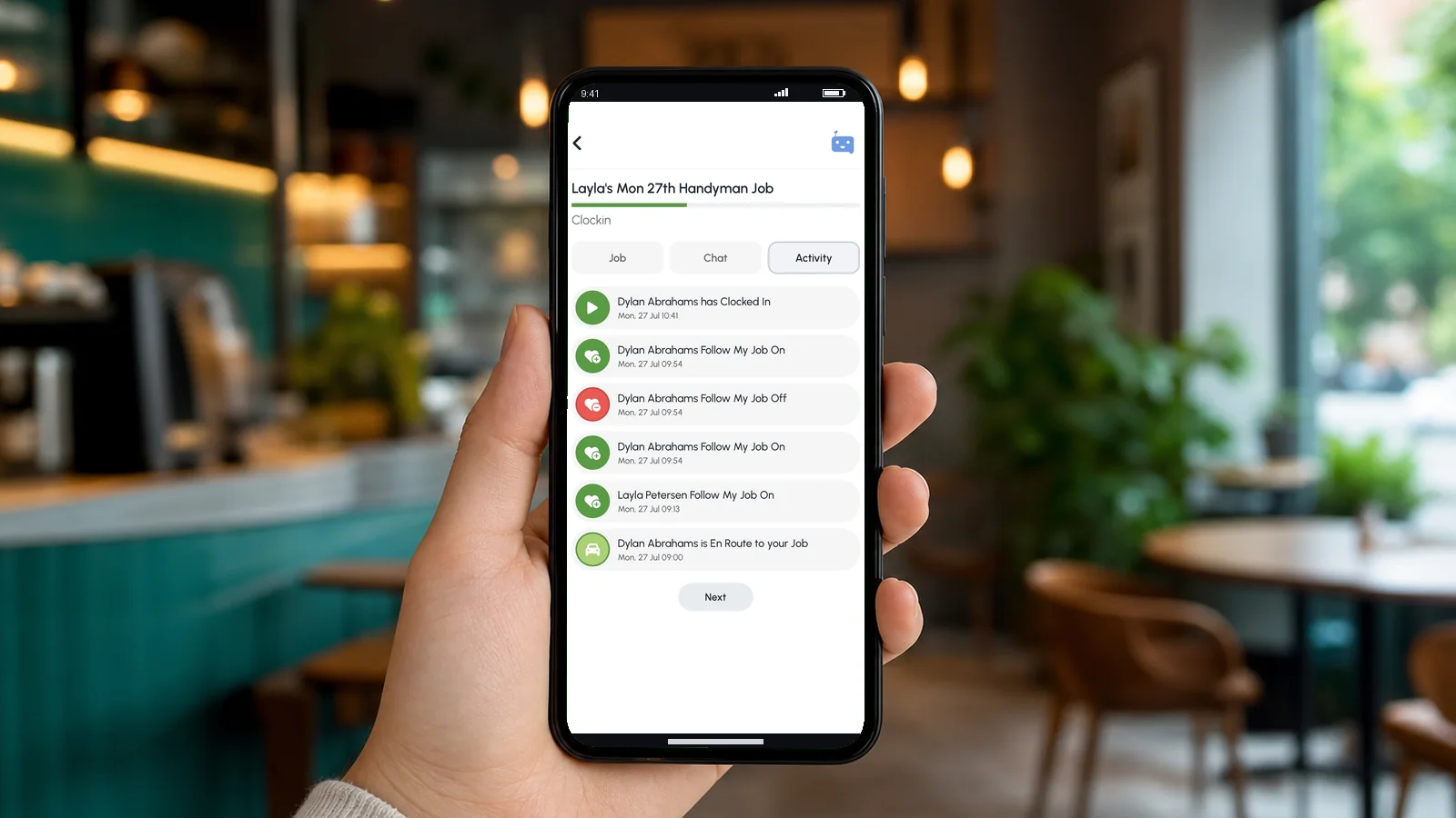 Job activity app screen